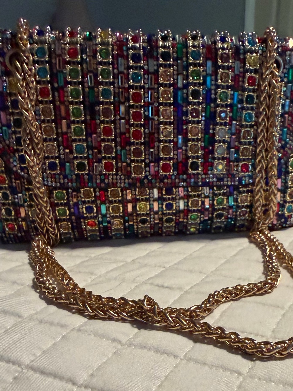 Jeweled Multicolor Evening Clutch with Gold Chain